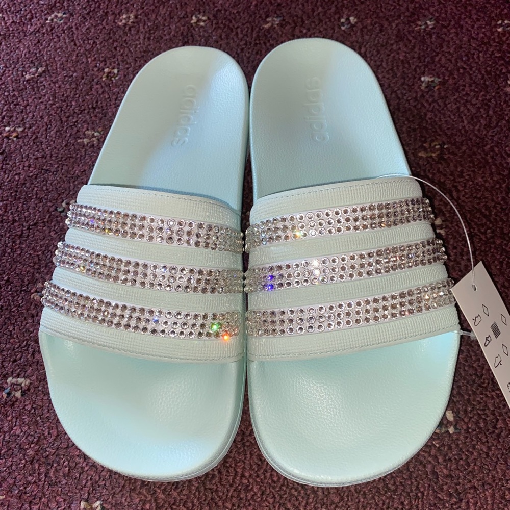 Mint Blue Swarovski Blinged Adidas Slides ✨
